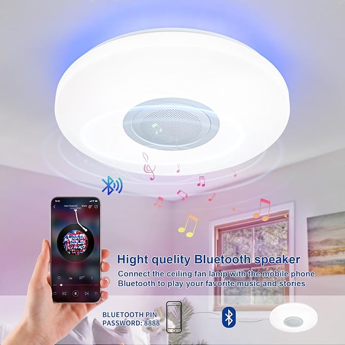 LED Ceiling Light Fixture,with Bluetooth Speaker,15.15 Inch 40W, 2700K-6500K Dimmable Music Lamp,RGB Color Changing Light with Remote Control,for bedrooms, Living Rooms-ASALL001-40