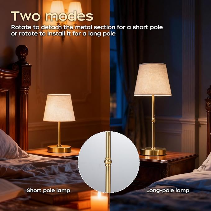 Cordless Table Lamp Rechargeable, 6000mAh Battery Operated LED Lamp with USB-C, Touch Control Stepless Dimmable Small Gold Fabric Lamp for Kitchen Counter, Small Spaces, Bedroom, Living Room