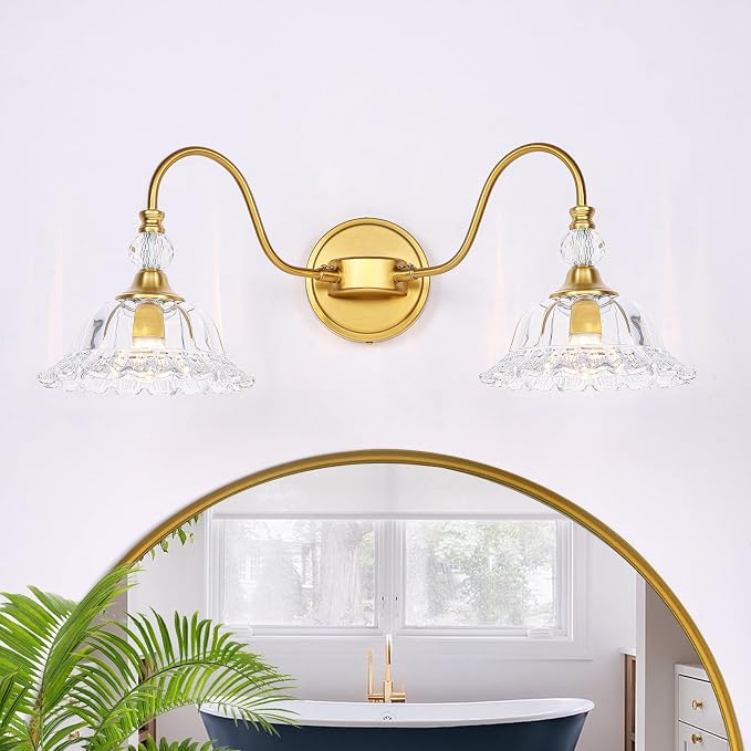 Gold Bathroom Vanity Light Fixtures 2 Lights Vanity Lights for Bathroom with Floral Crystal Glass Shade Modern Wall Lighting Fixtures Over Mirror(Exclude E26 Bulb)