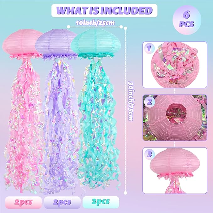 ADLKGG Jellyfish Paper Lanterns, Under The Sea Party Decorations, 6pcs Hanging Jelly Fish for Mermaid Ocean Themed Birthday Party Decorations, Baby Shower Classroom Decor (Blue Pink Purple）