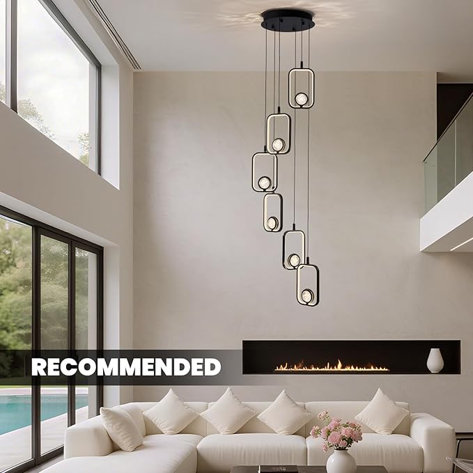 6Lights Modern LED Crystal Chandelier 6 Lights Black High Ceiling Chandelier for Staircase Large Adjustable Length Light Fixture for Foyer Entryway Living Room