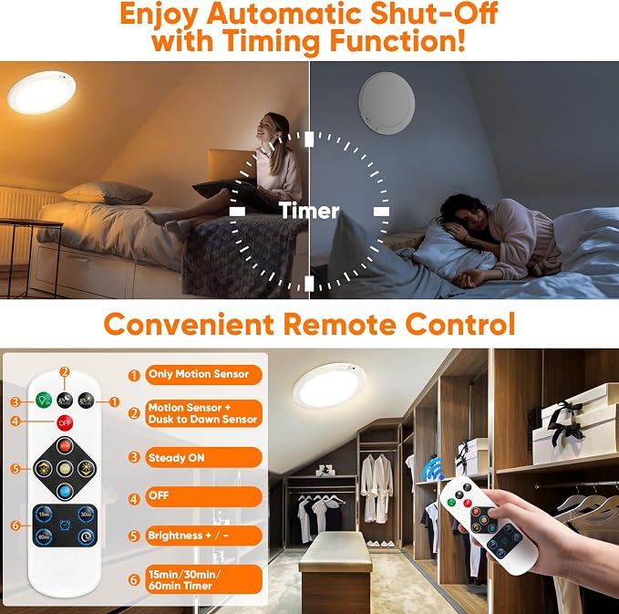 Rechargeable Motion Sensor Ceiling Light, 12000mAh Battery Closet Light | 10" Wireless Battery Powered LED Shower Light, Magnetic Cordless Ceiling Light with Remote, Overhead Lamp for Pantry Hallway