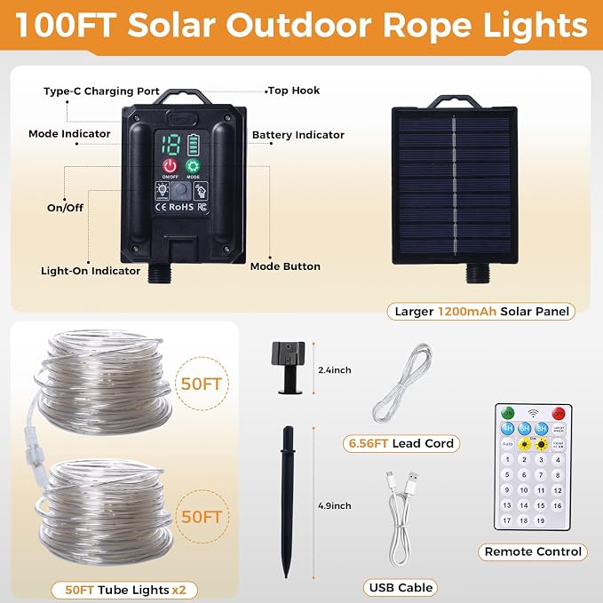 Connectable 100FT 600LED Solar Rope Lights Outdoor Waterproof | 1.97'' LED Spacing More Brighter, USB & Solar Powered Fairy Lights for Outside Yard Tree Pool Christmas Decor, Warm White