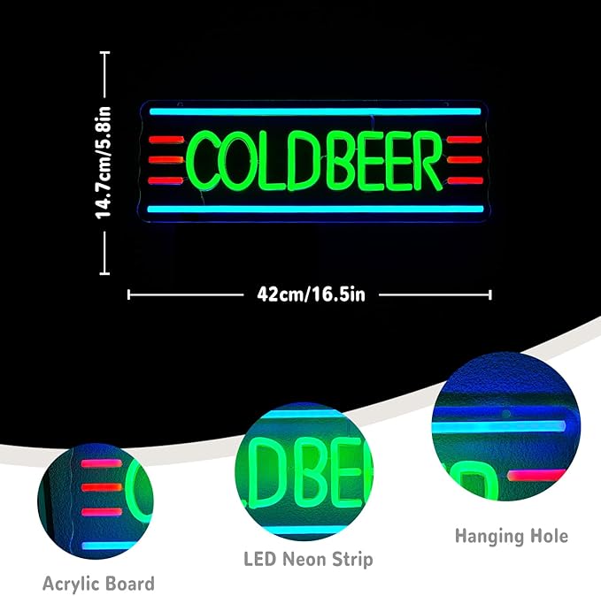 Cold Beer Neon Sign Bar Neon Light Sign for Man Cave Beer Neon Light Sign Letter Led Sign for Pub Bedroom Store Club Bistro Wall Decor