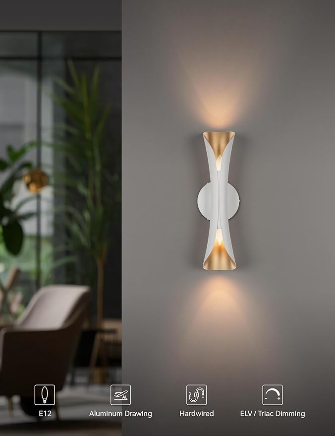 Tubicen Wall Sconces Dimmable Up and Down Indoor Theater Sconce Lights White and Gold Hardwired Modern Decorative Wall Lights for Living Room Bedroom Hallway Stairway 15.7" H