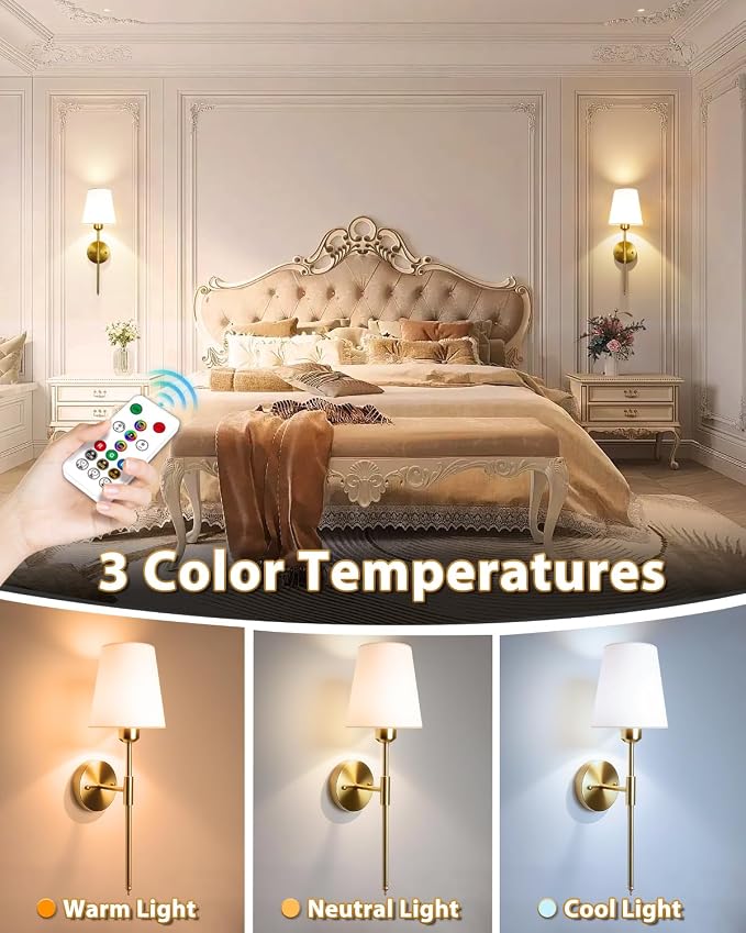 Adetu Battery Operated Wall Sconce Set of 2, Gold Wireless Battery Wall Lights
