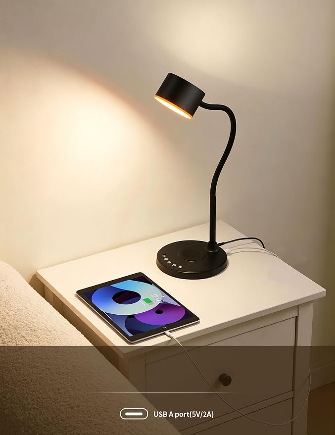 LiFMIRA Desk lamp with USB Charging Ports, Touch Control Desk Light Black | Reading Lamp for Home Office, 5 Color Stepless Dimming Study Lamps Reading Light Table Lamp for Bedroom Bedside Dorm Room