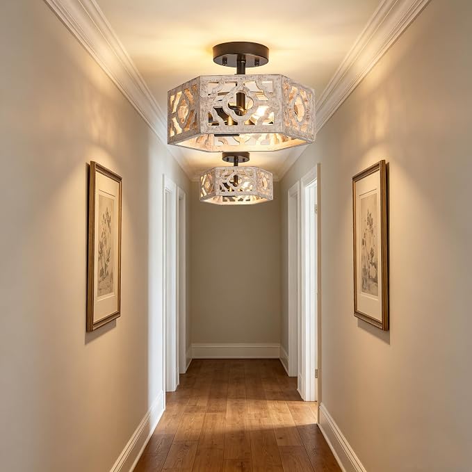 Tarentlight Farmhouse Semi Flush Mount Ceiling Light, Distressed Wood 3-E26 Rustic Boho Close to Ceiling Light Fixture for Kitchen Bedroom Hallway Dining Entryway Livingroom Fixture,No Bulb.