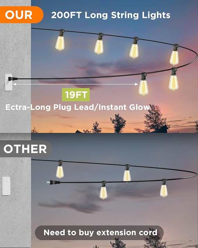 VOLIVO 200FT Outdoor String Lights for Patio, Waterproof Hanging Lights | 65+2 Shatterproof ST38 Edison Bulbs, Dimmable & Connectable Outside String Light for Backyard, Deck, Porch, Balcony