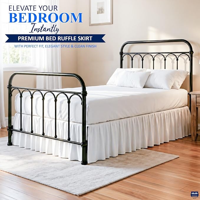Ruffled Bed Skirt with Split Corners-Dust Ruffle - 24" Drop 100% Microfiber Soft,Sheen & Luxurious Look - Bed Skirts (White -Queen)