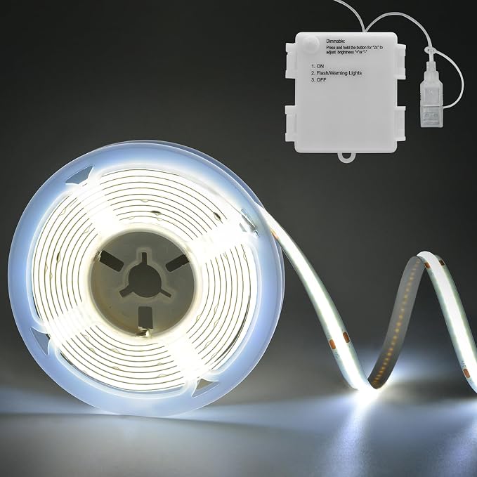 Battery Operated COB LED Strip Lights 6.6Ft 640 LED Dimmable Light Strip | Cuttable Flexible LED Tape Light for TV Cabinet Bedroom Kitchen Home Decoration DIY Lighting (Cool White 6000k)