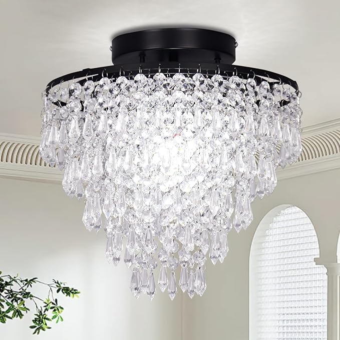 FRIXCHUR 11.8" Small Crystal Chandelier Light Fixture Mini Crystal Ceiling Light 5 Tiers Raindrops Black Chandeliers for Bedroom Hallway Closet,E26 Base