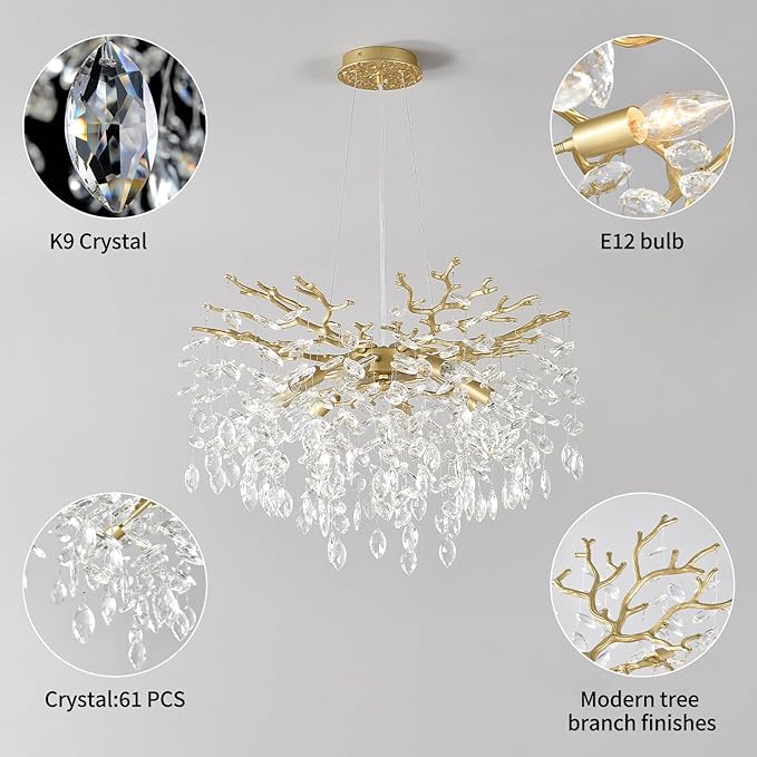 EGM Gold Crystal Chandelier, 24-Inch Modern Raindrop Light Fixtures 8-Light, Hanging Round Gold Dining Room Crystal Chandelier, Tree Branch Chandeliers for Bedroom Foyer E12