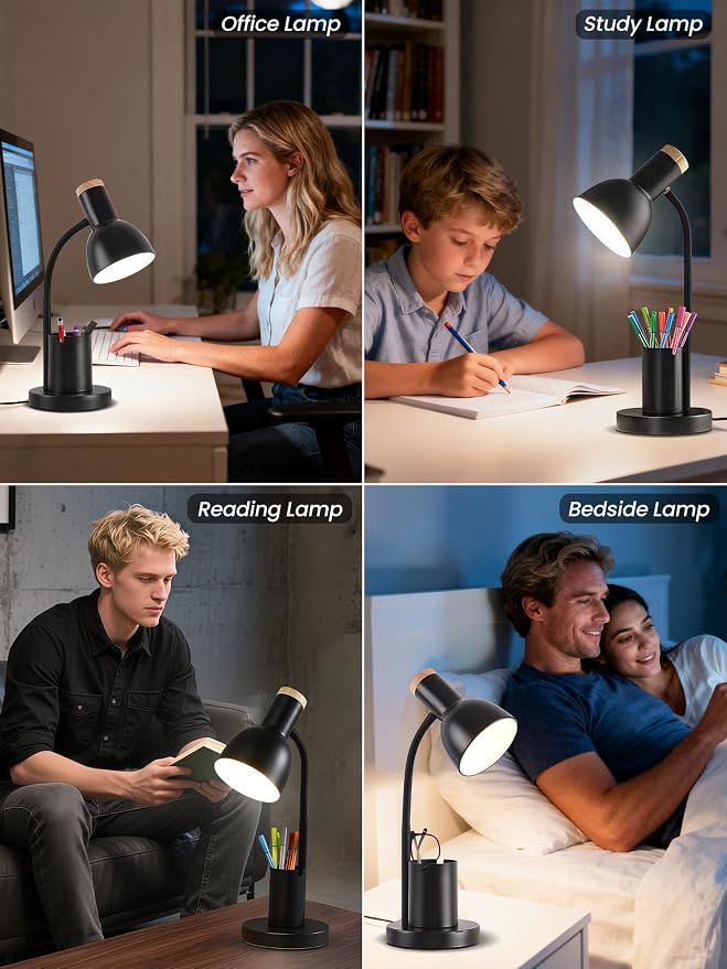 LED Desk Lamp for Home Office, Table Lamp with Pen Holder, 3 Color Modes Reading Light, Eye-Caring Desk Light with Gooseneck, Metal Study Lamp for Dorm Bedside Bedroom (Black Lamp)