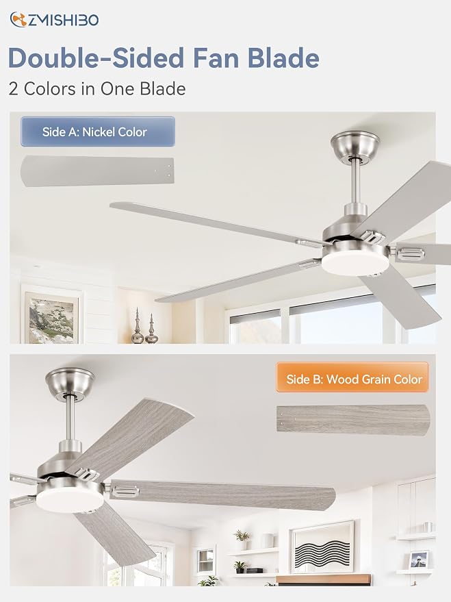 ZMISHIBO 60" Ceiling Fans with Lights and Remote, Nickel Modern for Indoor | Large Size, 3CCT, Downrod Mount, Farmhouse Dual Finish Blades, Quiet&Strong Motor, Memory Function for Bedroom, Living Room