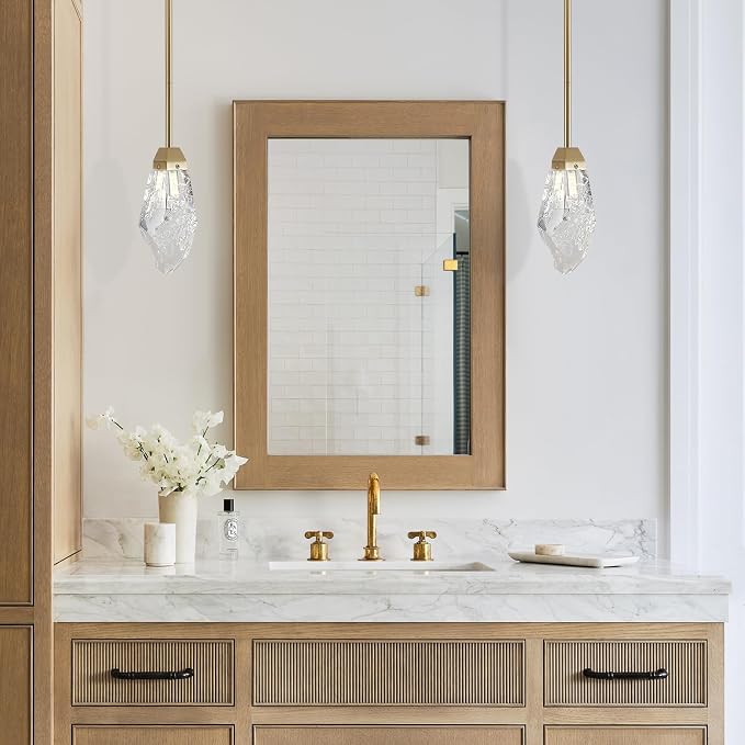 Modern 1-Light Brass Stem Rock Crystal Mini Pendant Lamp | Adjustable metal stem, textured ice crystal shade, modern brass finish, for kitchen island bedroom bathroom vanity lighting