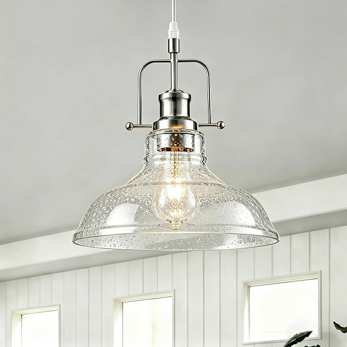 WILON Seeded Glass Modern Pendant Light for Kitchen, Brushed Nickel | 11'' Seeded Glass Shade, Adjustable Height, E26 Ceramic Socket, 60W MAX, Modern Style for Dining Room Kitchen Over Sink