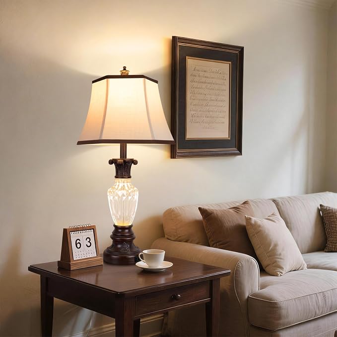 28.5" Table Lamps Set of 2, Vintage Glass Nightstand Lamps with USB Ports | Farmhouse Lamps for Living Room Bedroom, 3-Color Temperatures Bedside Lamp, Resin Brown Lamp with Nightlight, Bulbs Included