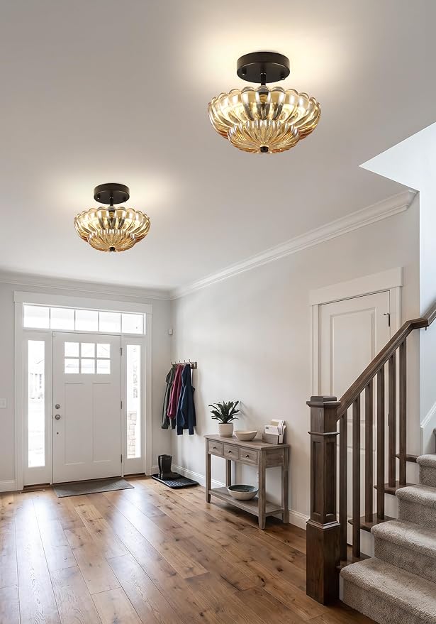 Semi Flush Mount Ceiling Light, Mini Vintage Black Close to Ceiling Light Fixture with Glass Shade, Modern Lighting for Bedroom Hallway Kitchen Laundry-Amber