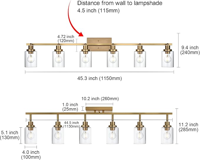 MELUCEE 6 Light Multi-Directional Rotating Track Lighting Kit Brass | Bathroom Vanity Light Fixtures 45.3 Inch Ceiling Spotlight Fixture for Kitchen Foyer Bath, Clear Glass Shade
