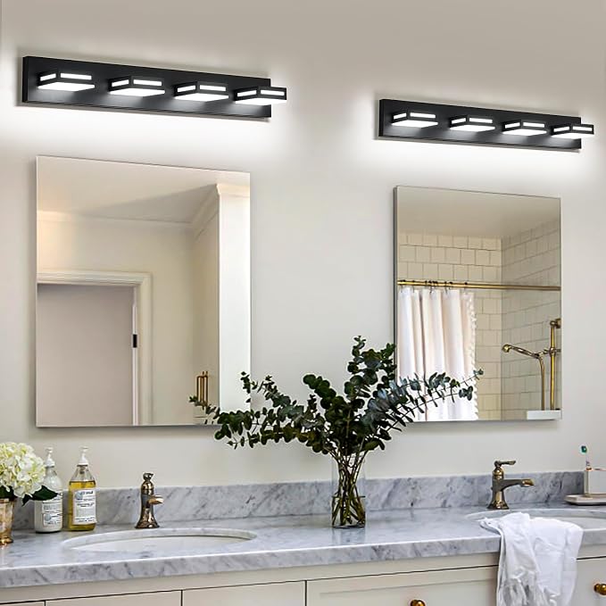 LED Modern Bathroom Light Fixtures, 4-Light 30-Inch Matte Black Vanity Lights for Bathroom Lighting Fixtures Over Mirror, 6000K Cool White 350° Rotatable Wall Lamp