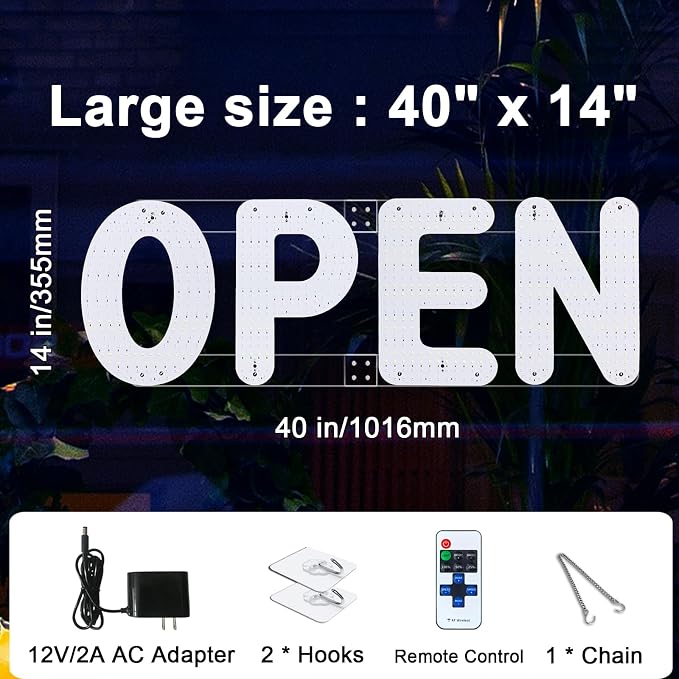 40"x14" Open Sign, LED Open Sign for Business with Remote Control, Ultra Bright Dimmable with 3 Scene Modes, Large Illuminated Sign for Storefront Window, Cafe, Bar, Restaurant, Salon (US Flag Design)