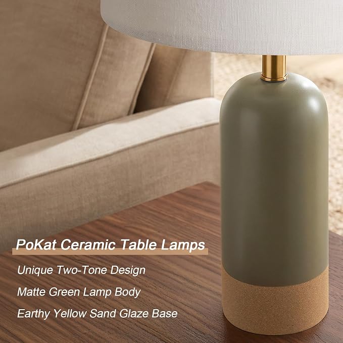 PoKat 24'' Hand-Textured Green Table Lamps, Farmhouse Bedside Lamp Set of 2 | Ceramic Lamps for Living Room, Two-Tones Design, Boho Nightstands Lamps for Bedroom, Home Decor for Side End Table, Hallway
