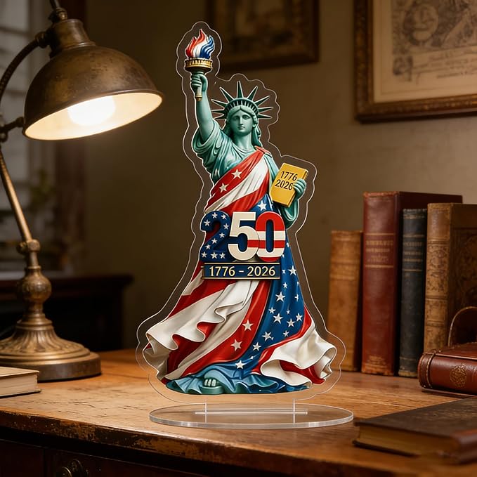4th of July Decorations Gifts 2D Acrylic Statue of Liberty Shaped Tabletop Sign Designs 250th Anniversary Statue 1776-2026 Patriotic Desk Plaque for Living Room Book Shelf Cabinets Table Ornaments
