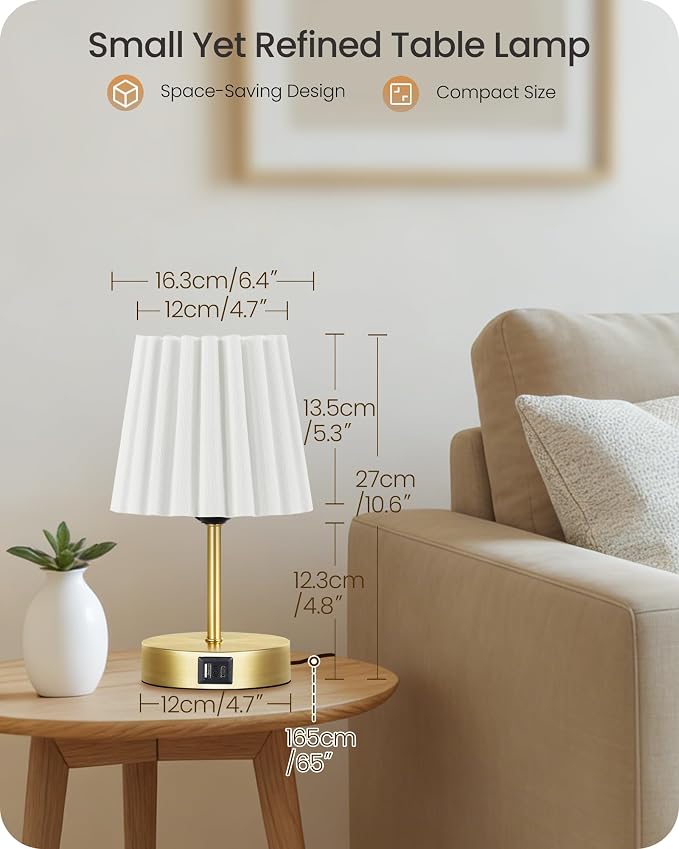 Small Bedside Table Lamp, Touch Dimmable Table Lamp with USB Ports, Nightstand Lamp with a Stepless Dimming LED Bulb, E26 Base, for Bedroom, Study, Desk, Gold and White DW16TL05