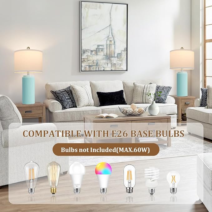 23.5" Light Green Modern Ceramic Table Lamps Set of 2 for Bedside | Nightstand Lamps with White Linen Shade, Ideal Size, Farmhouse Home Decor for Living Room Bedroom Office End Table Dorm