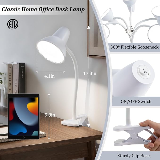 Clip On LED Desk Lamp, Flexible Arm, Eye-Caring Study Lamps for School Dorm | 4.5W Energy-Saving, Anti-tip Bedside Reading Light, Desk Lamps for College Dorm Room, Home Office, Modern Lamp with 1.6m Cord