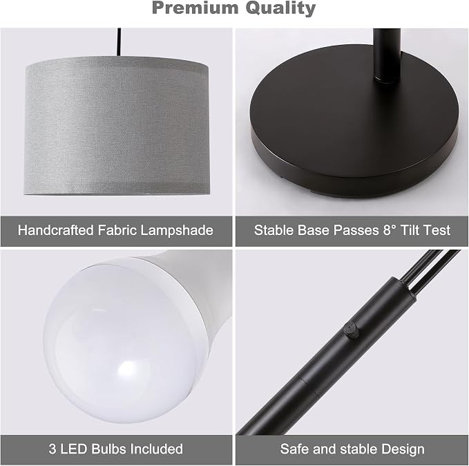 Floor lamp with Remote, 3 Light Arc Floor Lamps for Living Room, 2400LM Tall Standing Floor Lamps with Gray Shades, 80" Large Floor Lamp for Bedroom, Office