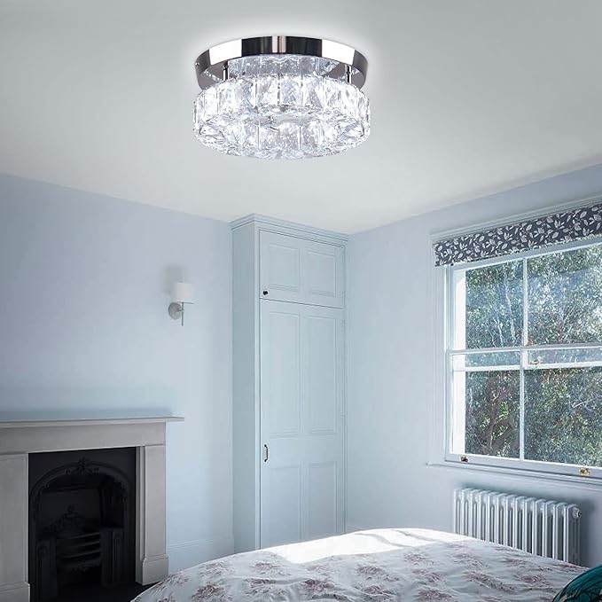 9.8" Crystal Flush Mount Ceiling Light Fixtures LED Round Mini Chandelier Light Fixture Ceiling Lamp for Kitchen Hallway Foyer 15 W 6000K