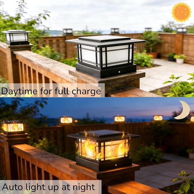Dynaming 4x4 Solar Post Cap Lights Outdoor with Flickering Flame Light, 12 Pack Black Shell Fence Post Solar Lights Fit Vinyl/Wooden Posts, Brightness LED Lighting Decor for Garden Deck Patio