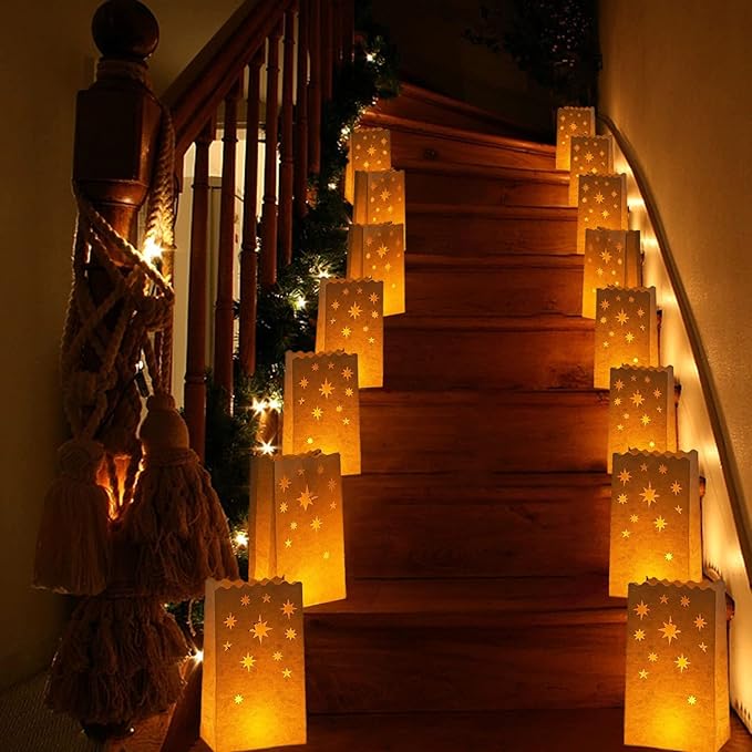 White Paper Luminary Bags - 50-Pack Candle Lantern Bags, Fire-Retardant, Star Luminaries for Christmas, Weddings, Birthday Party Valentine's Day Decoration, 5.9 x 10 x 3.5 Inches