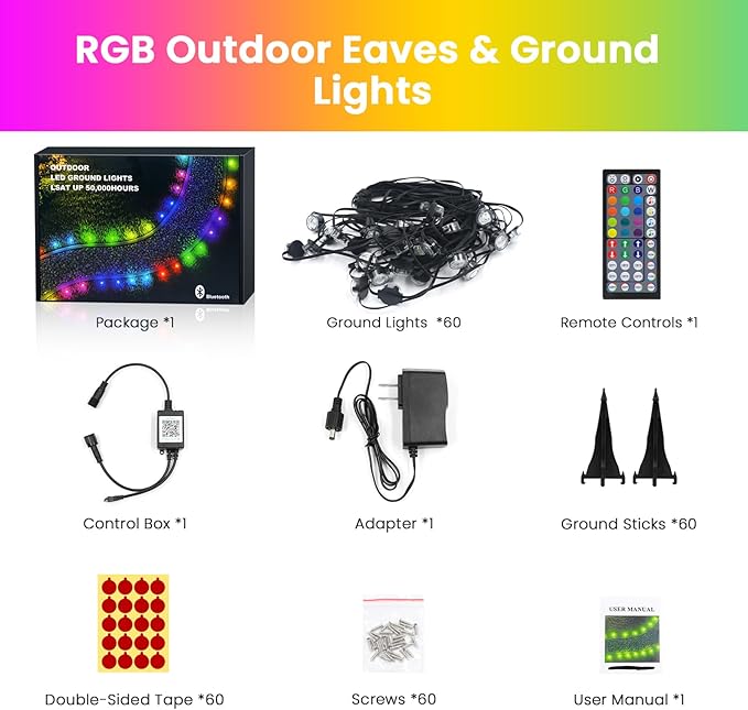 Outdoor Ground Lights 200 FT, Permanent Outdoor Lights for House with RGB Color Changing, Bluetooth Music Sync, IP67 Waterproof, Timer, for Eaves and Landscape Outdoor Lights.