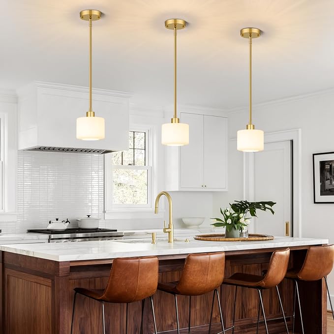 Milk Glass Pendant Lights Kitchen Island, 1-Light Modern Brushed Gold Hanging Light Fixtures with Rods, Mini Kitchen Pendant Lighting Over Island for Sink Bathroom, OS-YQ8153-1PBG