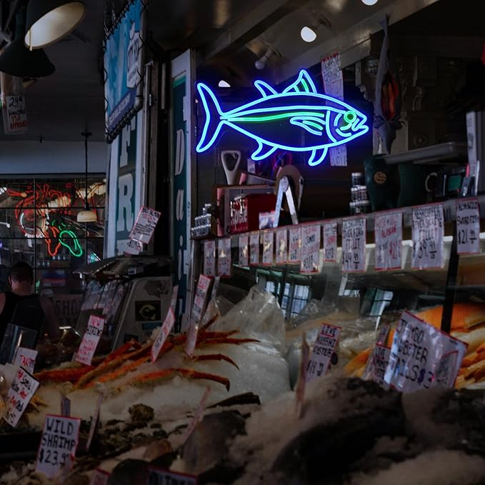Tuna Neon Sign Blue Green Fish Neon Lights Signs for Wall Decor Dimmable Led Signs for Bedroom Living Room Restaurant Office Birthday Gifts(16.9’’X9.6’’）