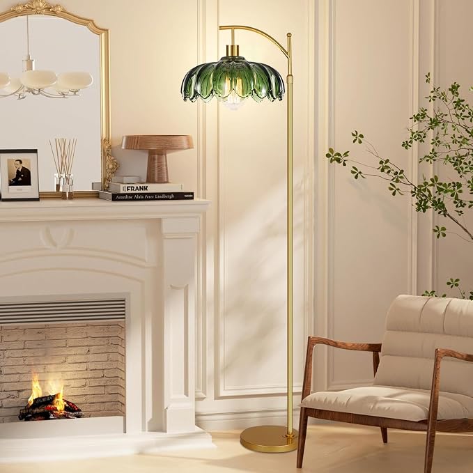 ILLMTW Gold Floor Lamp for Living Room,Bedroom,Mid Century Modern Standing Lamp with Remote,Dimmable Brass Tall Lamp Vintage Retro Green Glass Arc Floor Flower Floor Light Boho Bohemian