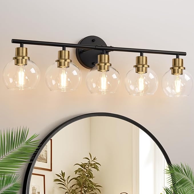 5-Light Bathroom Vanity Light, Black and Gold Bathroom Light Fixtures with Clear Glass Globe Shades, Modern Vanity Lighting Over Mirror for Bathroom, Kitchen, Living Room, Hallway, Bedroom, Porch
