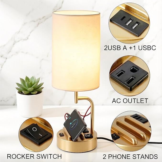 Dreamholder 2 Pack Table Lamp, Bedside Lamp with 3 USB Charging Ports & AC Outlet, USB Desk Lamp with 2 Phone Holders, Linen Fabric Shade Nightstand Lamps for Bedroom Living Room Office, Gold