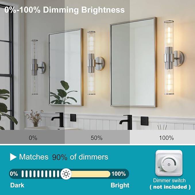 Hardwired Chrome Bathroom Vanity Light Threaded Glass Wall Sconce | Up & Down Bidirectional Lighting, Damp Rated For Bathrooms, Dimmable, 5-Year Manufacturer Warranty, UL Certification
