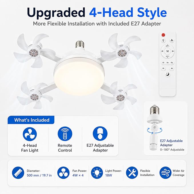 Socket Fan Light, Screw in Ceiling Fan with Remote, Light Socket Fan with LED Light, 3 Speeds, 3 Color Temperatures, Foldable E27 Fan Light for Bedroom Kitchen Garage (4 Head with E27 Adapter)