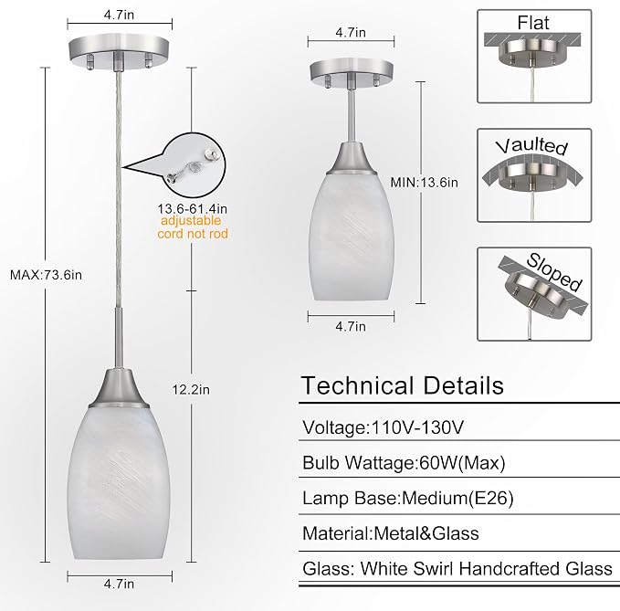 Viinew 3-Pack Glass Pendant Light,Mini White Swirl Glass Pendant Light | Handblown White Art Oval Glass Hanging Pendant Light for Kitchen Island Dining Room Living Foyer Brushed Nickel Finish