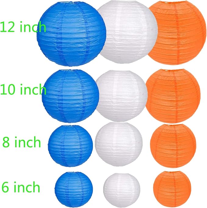 12Pcs Paper Lanterns 6”, 8”, 10”, 12”,Paperlanterns Party Decoration, Blue Orange White Paper Lanterns for Wedding, Bridal, Birthday, Outdoor, Home, Garden, Holiday and Party.
