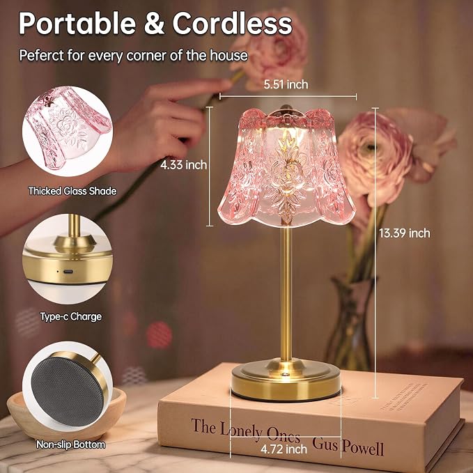 Shenmoyl Cordless Touch Table Lamp with 5200mAh Battery - 3 Adjustable Color Temperatures & Dimmable, Rechargeable Desk Lamp for Bedroom, Living Room, Office, Entryway, Bookshelves (Clear Pink Rose)
