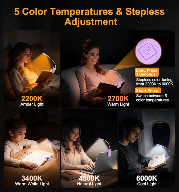 Gritin 2026 Gen 2 Book Light for Reading- 30 Eye Caring Full Spectrum LED | 5 Colors & 5 Brightness, Adjustable Wide/Narrow Beam, Upgrade 1500mAh Long-Lasting Rechargeable Clip on Light-Purple