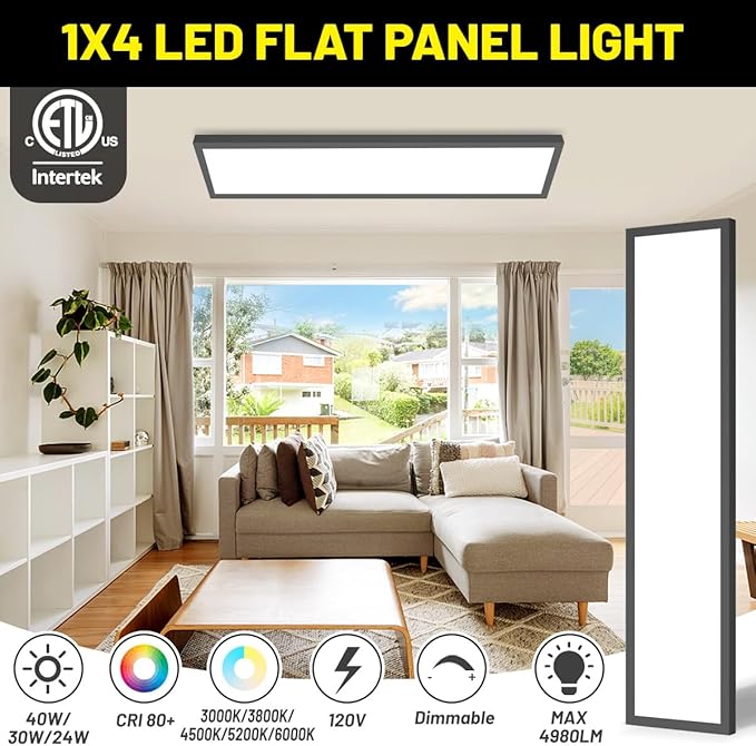 1x4 Led Flat Panel Light Surface Mount 2-Pack, 40W/4980LM, 5CCT 3000K/3800K/4500K/5200K/6000K, Flush Mount Ceiling Light for Kitchen, Garage, Hallway, Office, Black, ETL