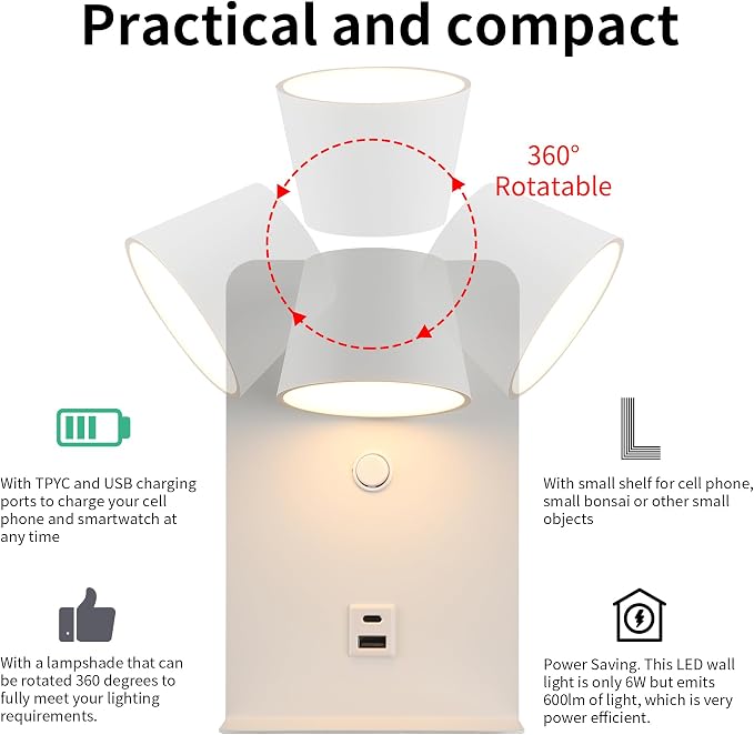 DEC LUCE DECOLUCE LIGHTING Modern LED Plug in Wall Sconce, Dimmable Wireless Wall Light Fixtures with Shelf and USB Port, 6W,600LM, Rotatable Small Reading Wall Lamp for Bedroom Bedside, White