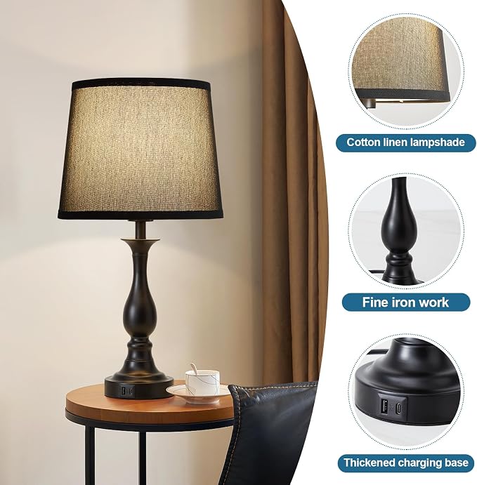 Bedside Table Lamp Touch Control Bedroom Lamps with USB A + C Charging Port 3 Way Dimmable Touch Lamps for Nightstand Living Room Bedroom Dorm Home Office Reading, Set of 2 (Black Shade & Black Base)